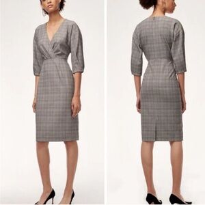 ARITZIA BABATON KURT DARK GREY PLAID V-NECK FORMAL MIDI DRESS - 2